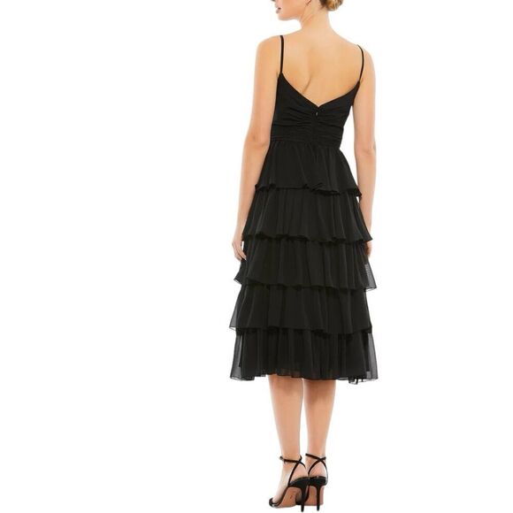 Mac Duggal Dress 0 Black RUFFLE LAYERED V-NECK MIDI Spaghetti Strap Ruched 55437 - Picture 3 of 4